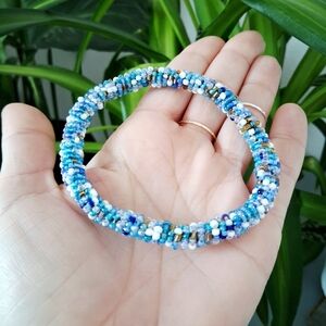 Ocean Blue Beaded Rope Bangle Bracelet, One Size